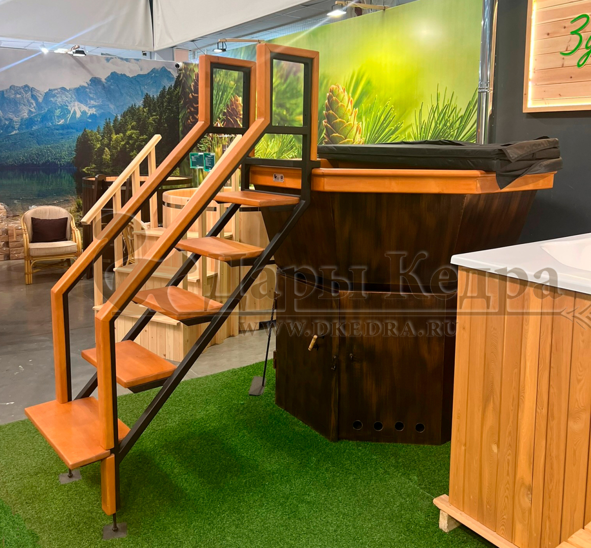 Банный чан из нержавеющей стали Ø-2350 на подставке с ветрозащитой и печью СТ3